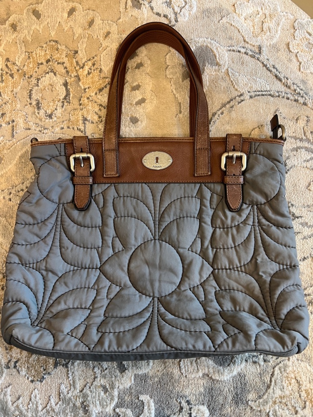 Fossil Quilted Gray Tote with Brown Leather Trim and Buckles